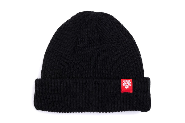 Odyssey Monogram Label Beanie (Black with Red Foldover Tag and White Stitching)